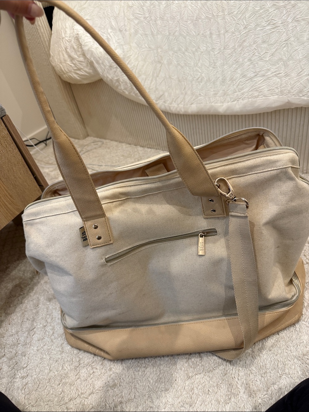 BEIS Beige Canvas Tote with Tan Trim and Shoulder Strap